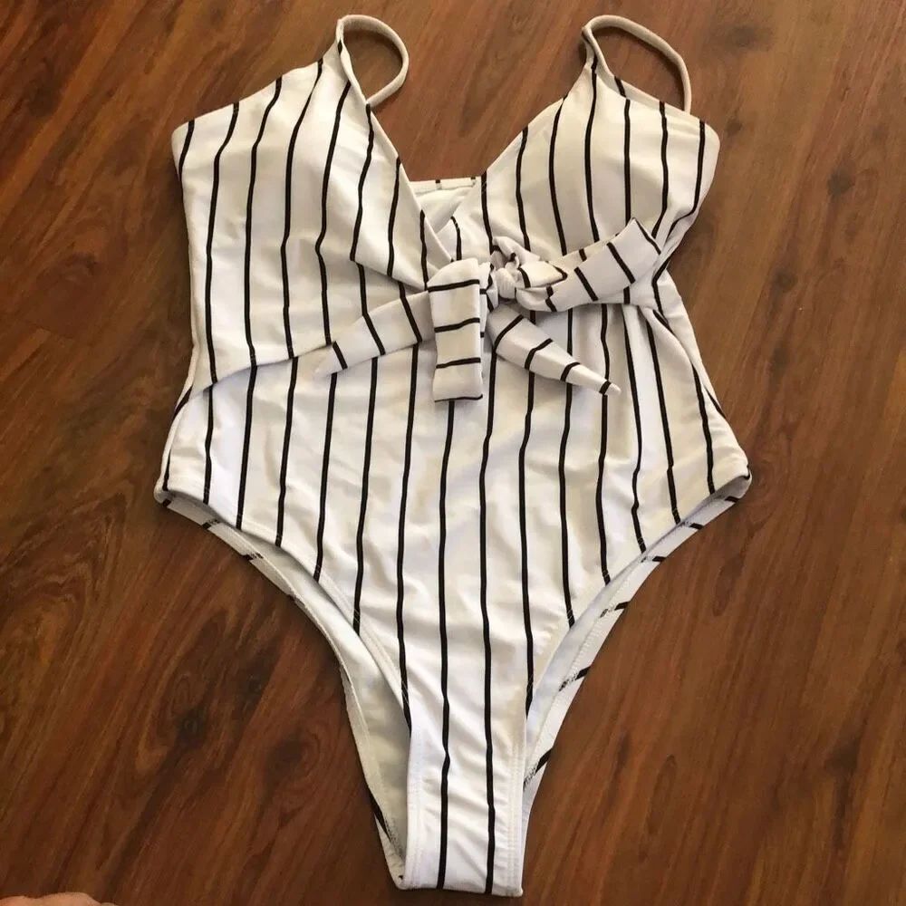 NEW Black and white striped bathing suit size 6